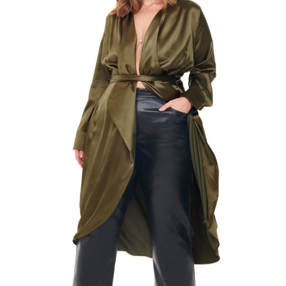 Never Fully Dressed Olive Green / Khaki Satin Wrap Dress - Size 8, Khaki - Picture 2 of 7